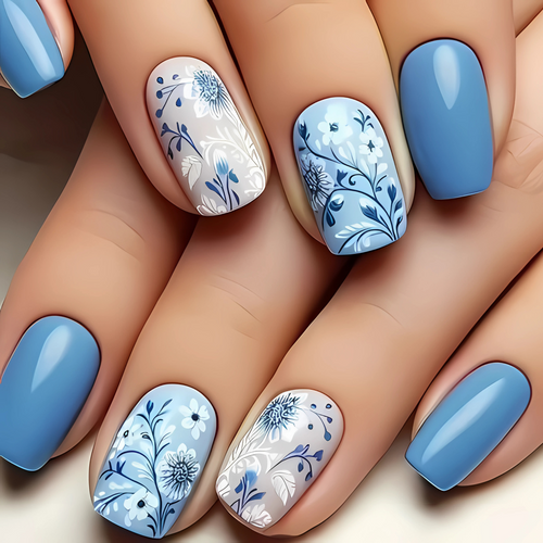 Blue Flowers - Press-On Nails (24PCS)