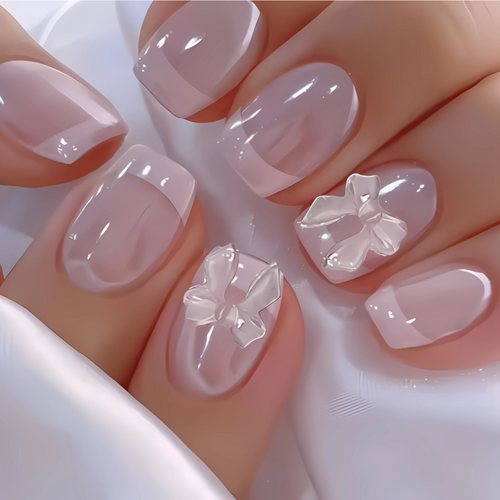 Pink Butterfly Bow French Manicure - Press-On Nails (24PCS)
